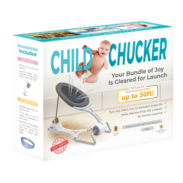 A mechanical launcher-shaped device labeled Child Chucker, product photo on white