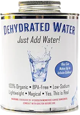 Silver foil packet labeled Dehydrated Water, product photo on white