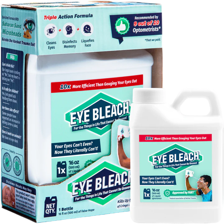 A bottle labeled Eye Bleach with a warning stripe, product photo on white